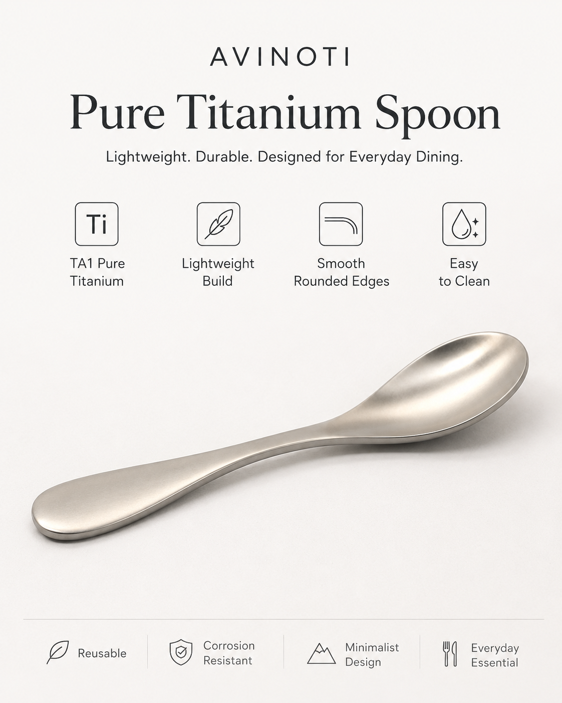 AVINOTI Pure Titanium Soup Spoon – Lightweight Reusable Dining Spoon