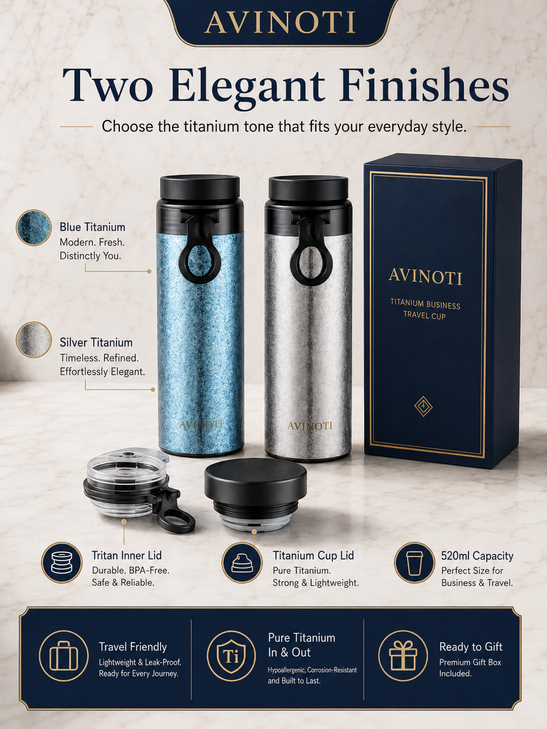 AVINOTI 520ml Titanium Business Travel Cup – Lightweight Pure Titanium Tumbler