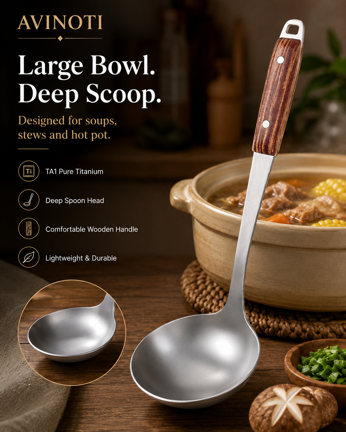 AVINOTI Pure Titanium Soup Ladle – Lightweight Kitchen Serving Spoon