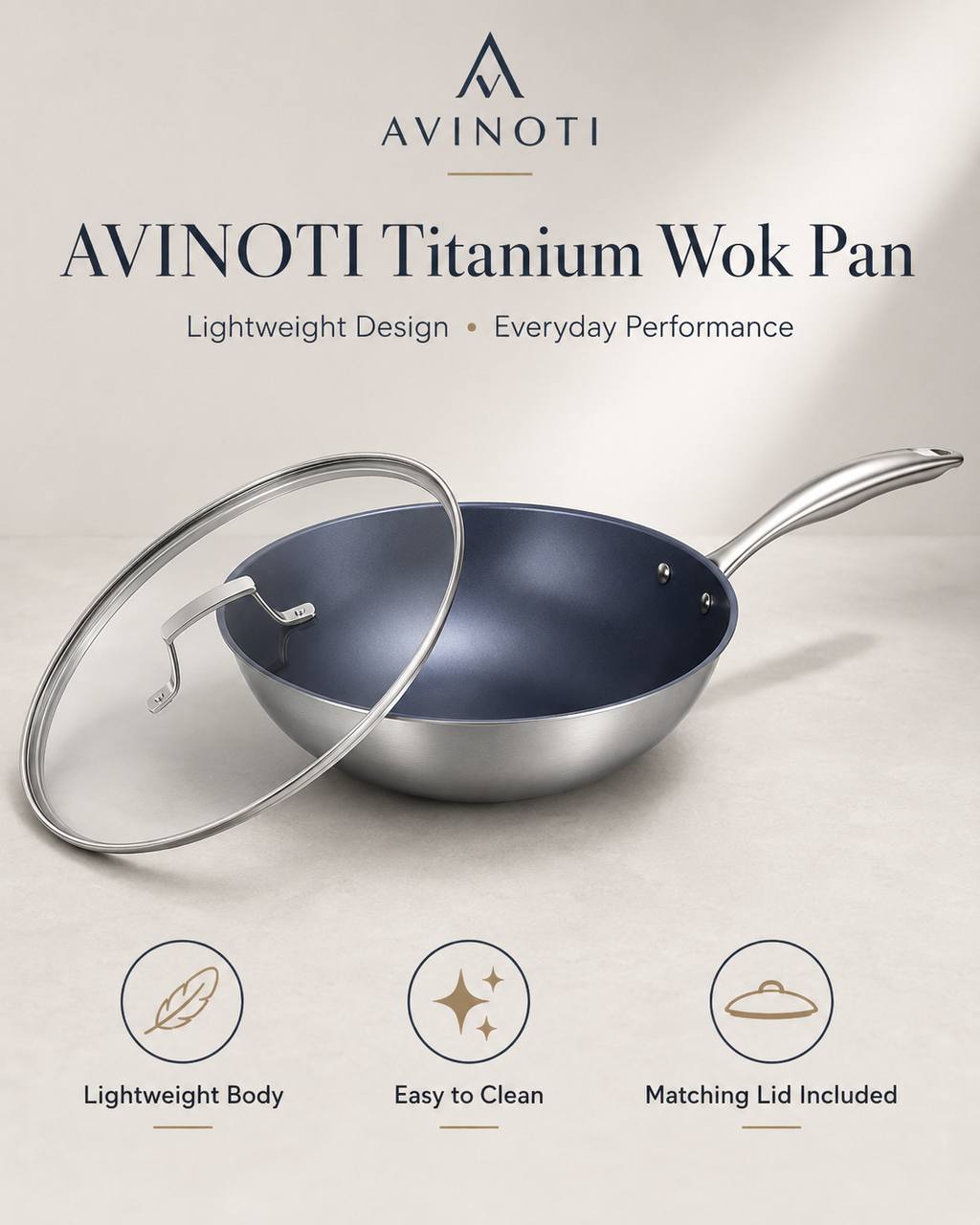 AVINOTI  Titanium Wok Pan with Lid – Lightweight Nonstick Stir Fry Pan