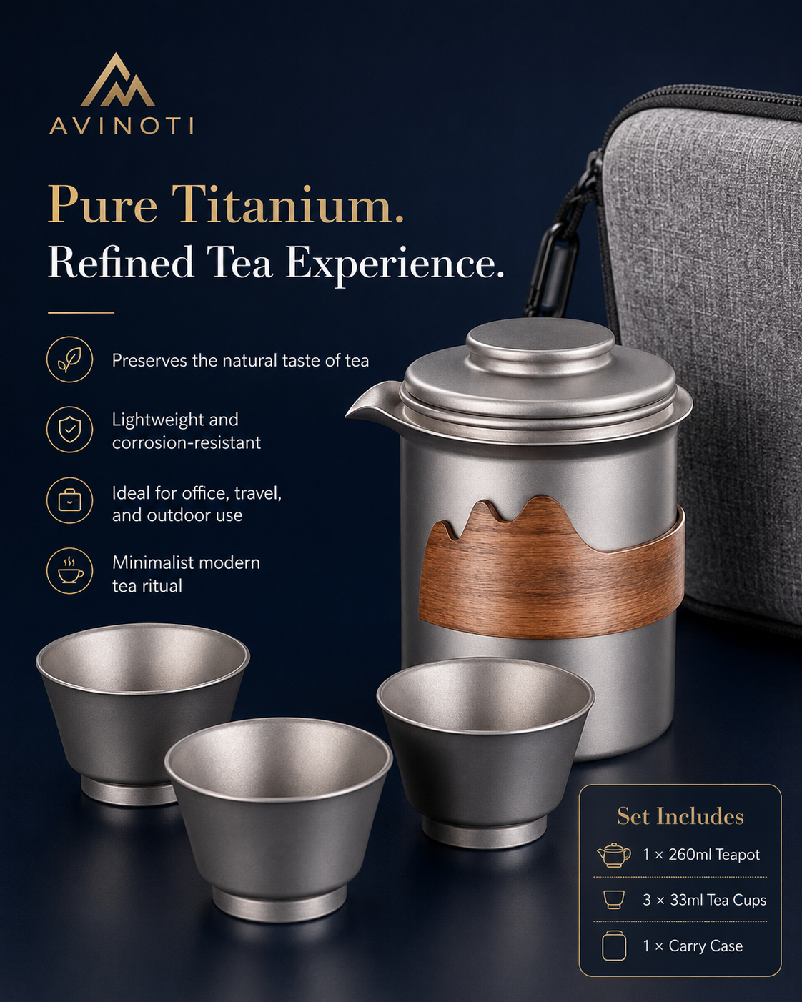 AVINOTI Portable Pure Titanium Tea Set – Titanium Teapot & Tea Cups with Carry Case