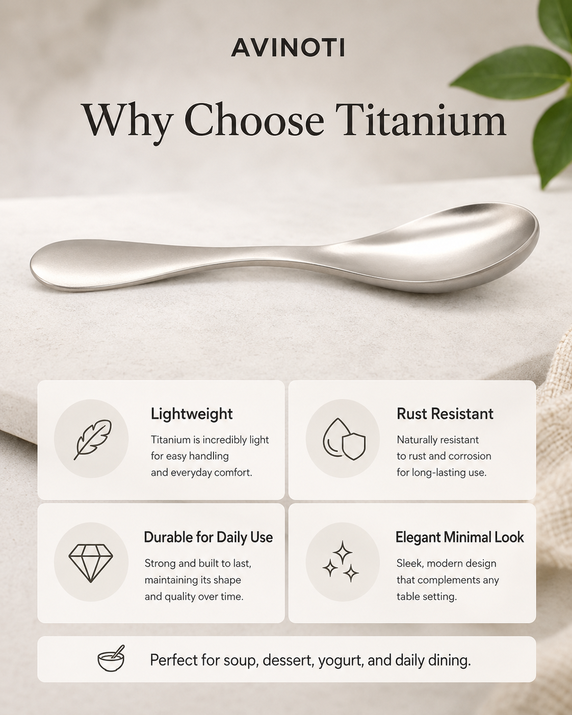 AVINOTI Pure Titanium Soup Spoon – Lightweight Reusable Dining Spoon