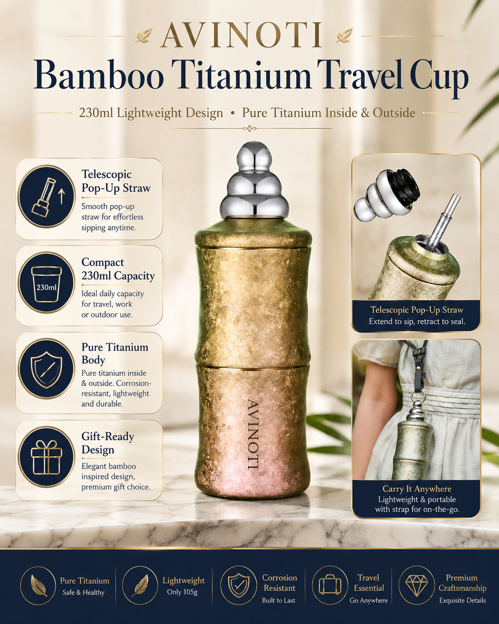 AVINOTI 230ml Bamboo-Style Titanium Travel Cup – Lightweight Pure Titanium Drinkware