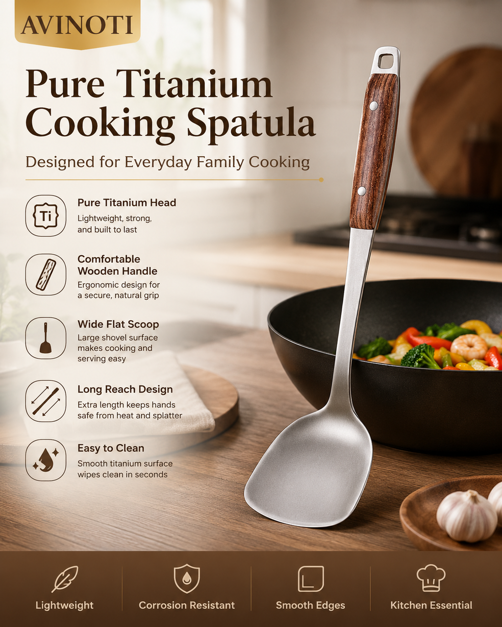AVINOTI Pure Titanium Cooking Spatula – Lightweight Kitchen Turner with Wooden Handle