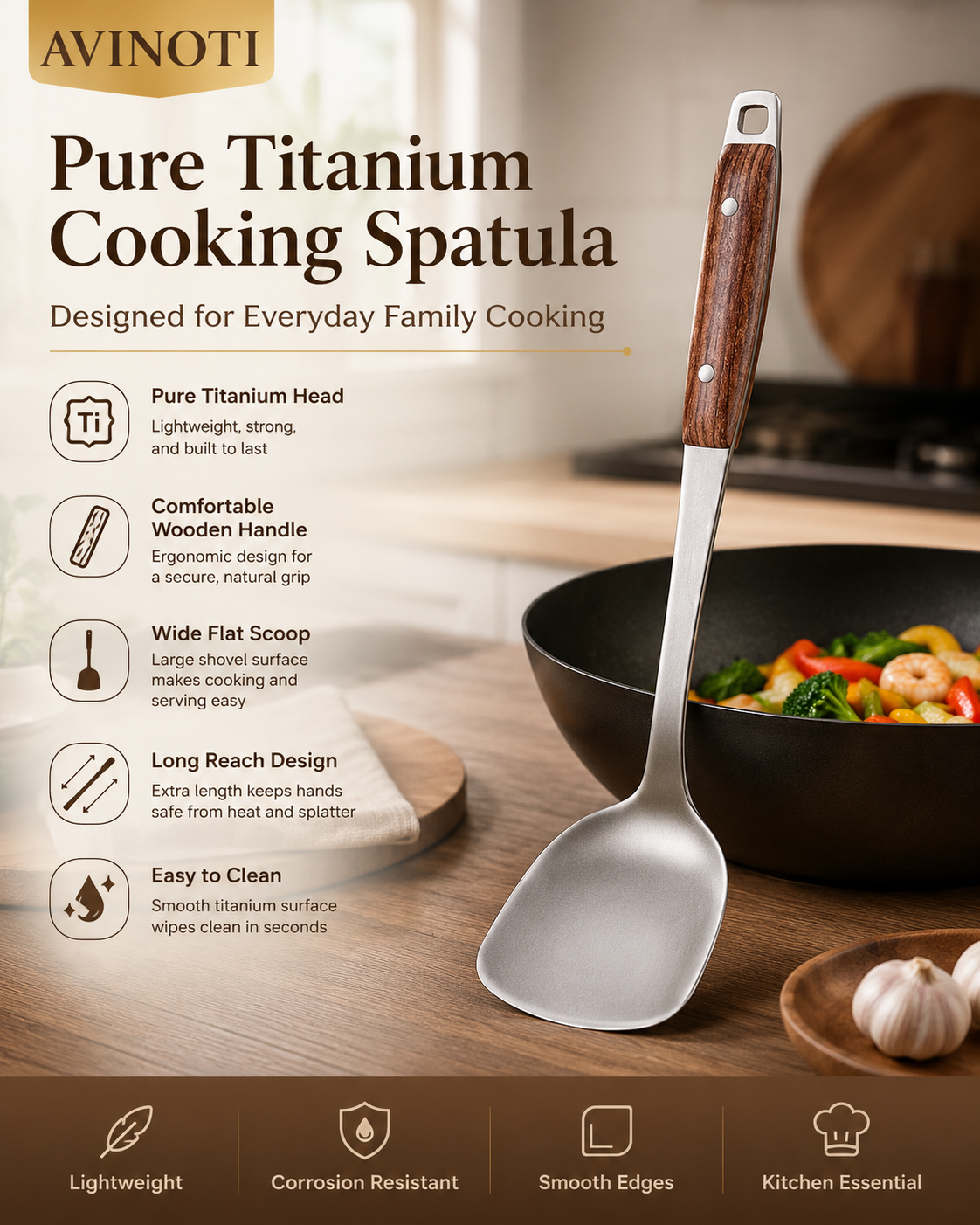 AVINOTI Pure Titanium Cooking Spatula – Lightweight Kitchen Turner with Wooden Handle