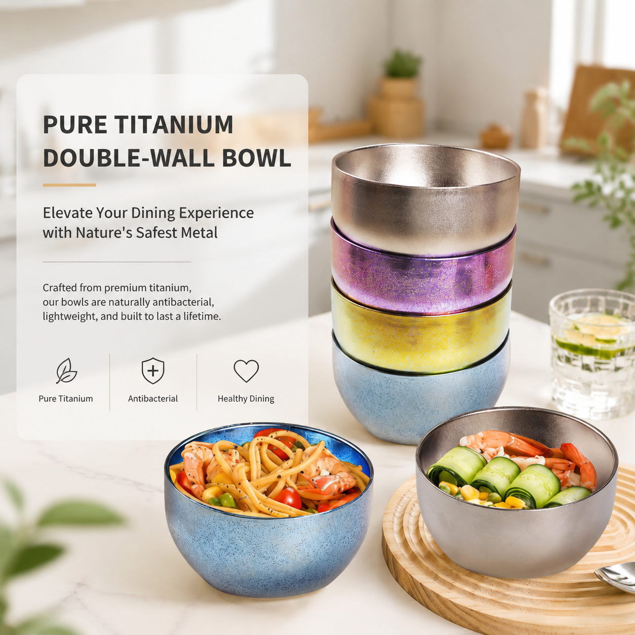 Premium Titanium Rice Bowls – Lightweight Double-Layer Insulated 400ml Bowls