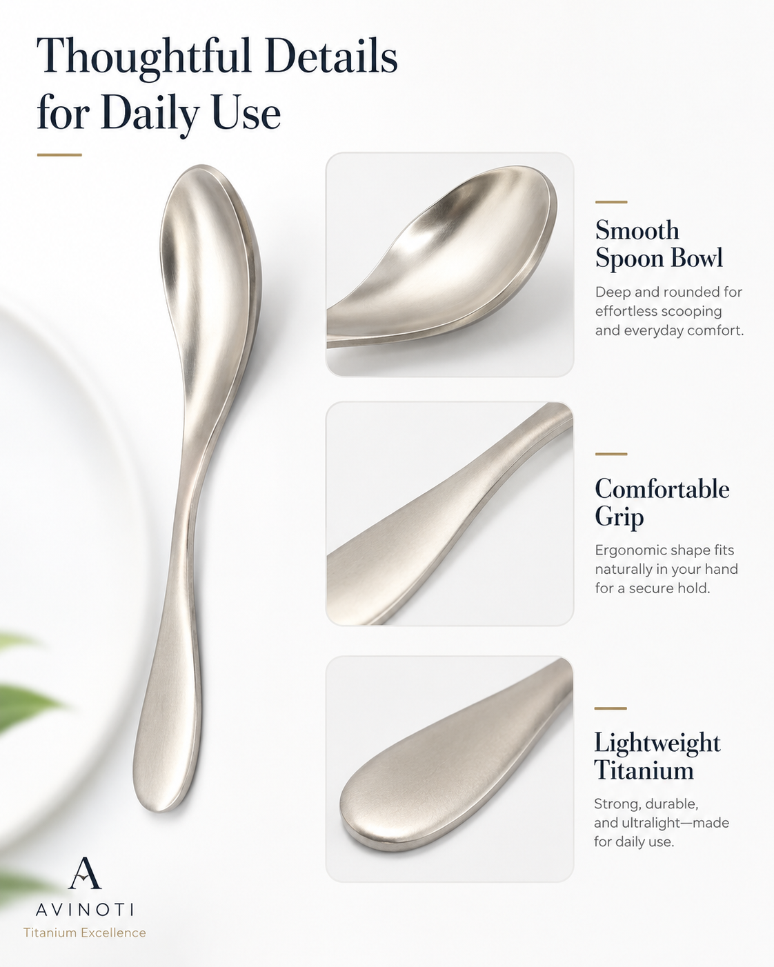 AVINOTI Pure Titanium Soup Spoon – Lightweight Reusable Dining Spoon