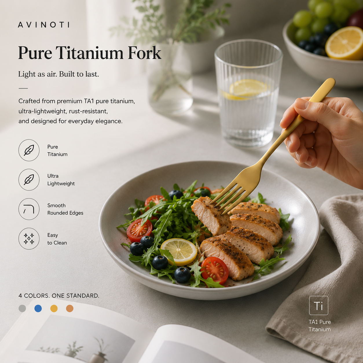 AVINOTI Pure Titanium Fork – Lightweight Reusable Dining Fork
