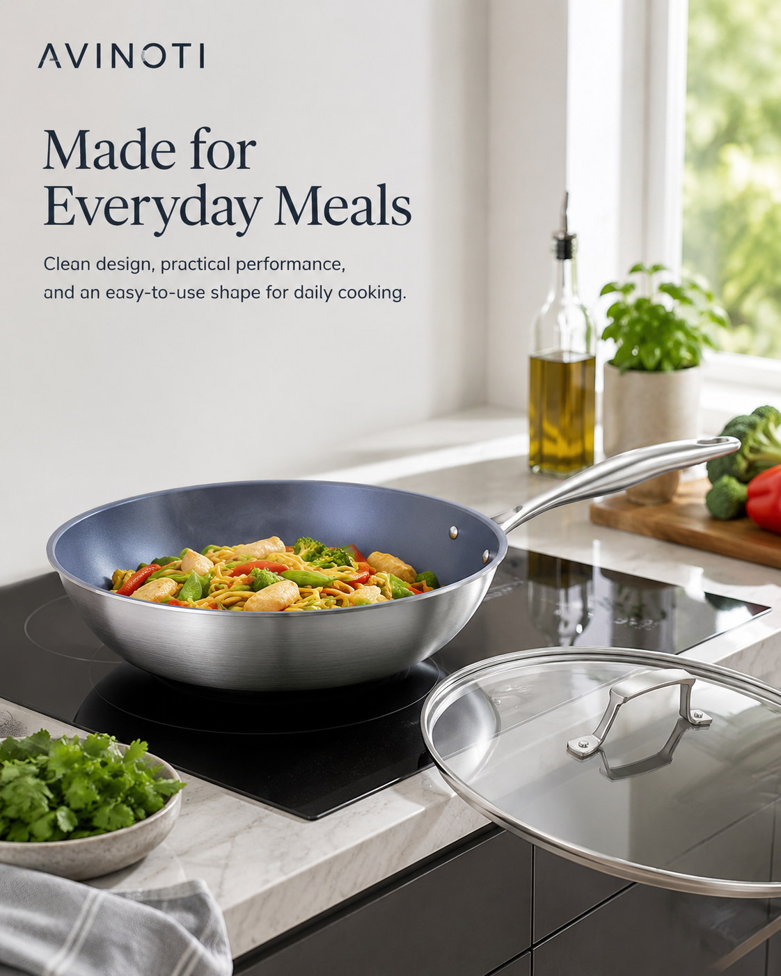 AVINOTI  Titanium Wok Pan with Lid – Lightweight Nonstick Stir Fry Pan