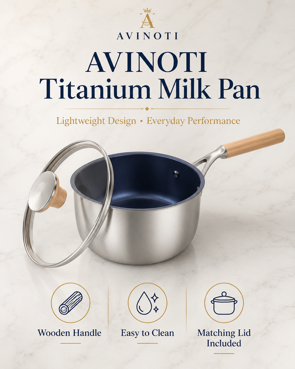 AVINOTI Titanium Milk Pan with Glass Lid – Lightweight Small Cooking Pot