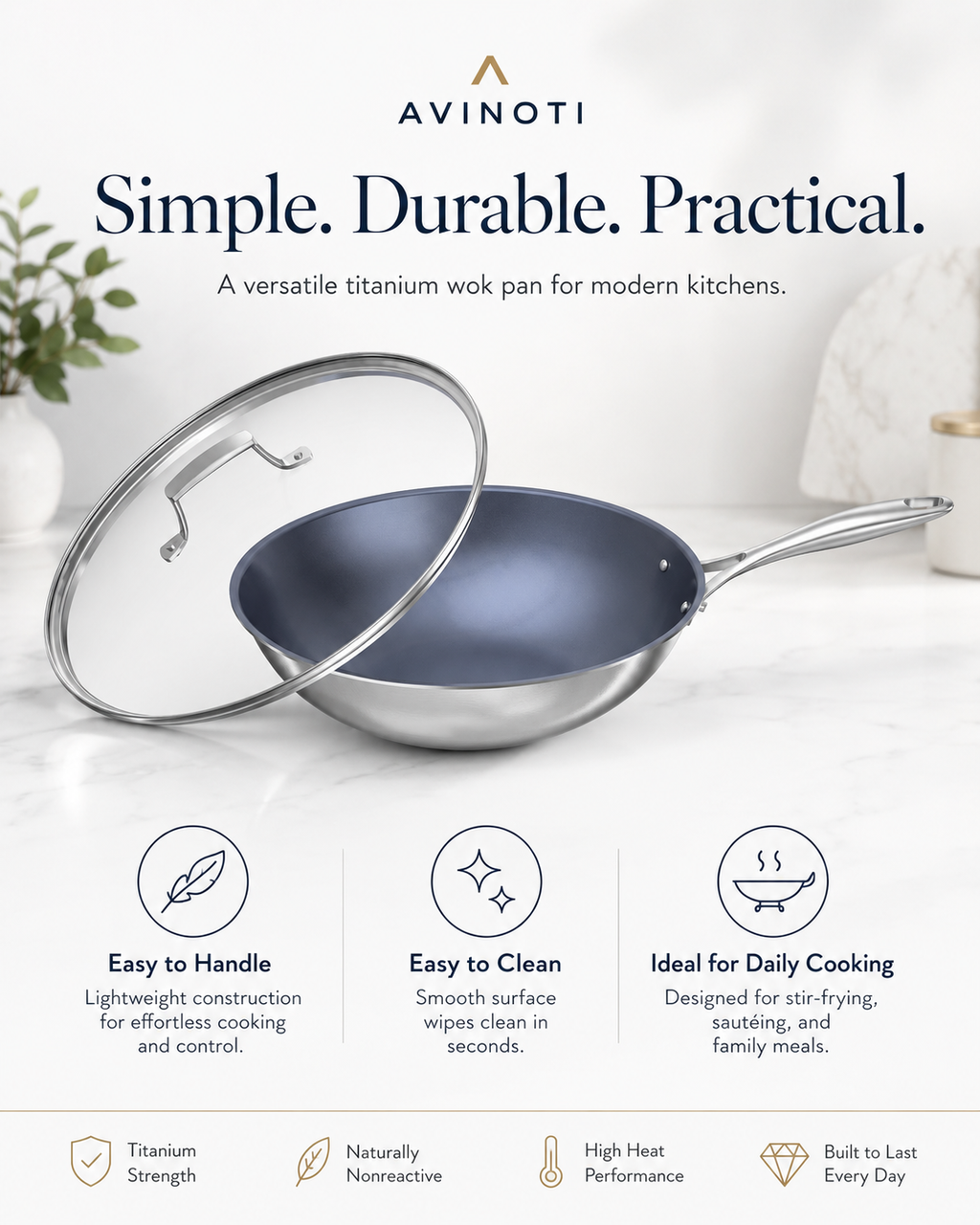 AVINOTI  Titanium Wok Pan with Lid – Lightweight Nonstick Stir Fry Pan