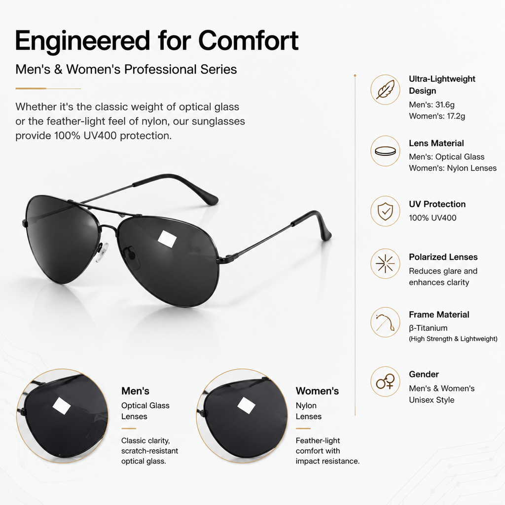 Premium Titanium Polarized Sunglasses for Men & Women – Lightweight Aviator UV Protection Eyewear