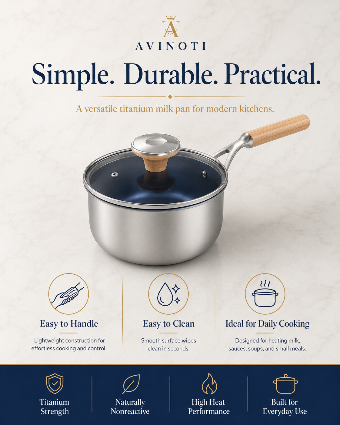 AVINOTI Titanium Milk Pan with Glass Lid – Lightweight Small Cooking Pot