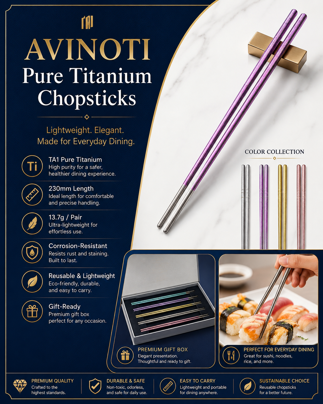AVINOTI Pure Titanium Chopsticks – Lightweight Reusable Dining Chopsticks