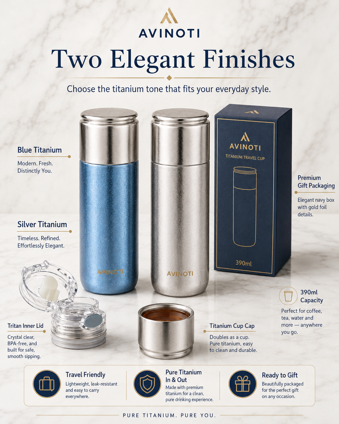 AVINOTI 390ml Titanium Travel Cup – Lightweight Pure Titanium Drinkware
