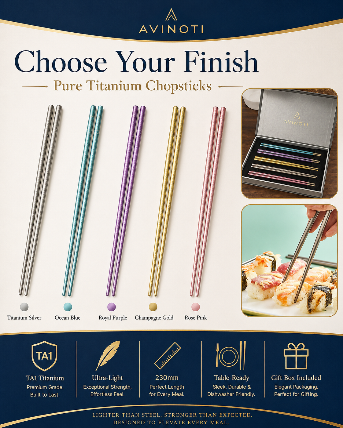 AVINOTI Pure Titanium Chopsticks – Lightweight Reusable Dining Chopsticks