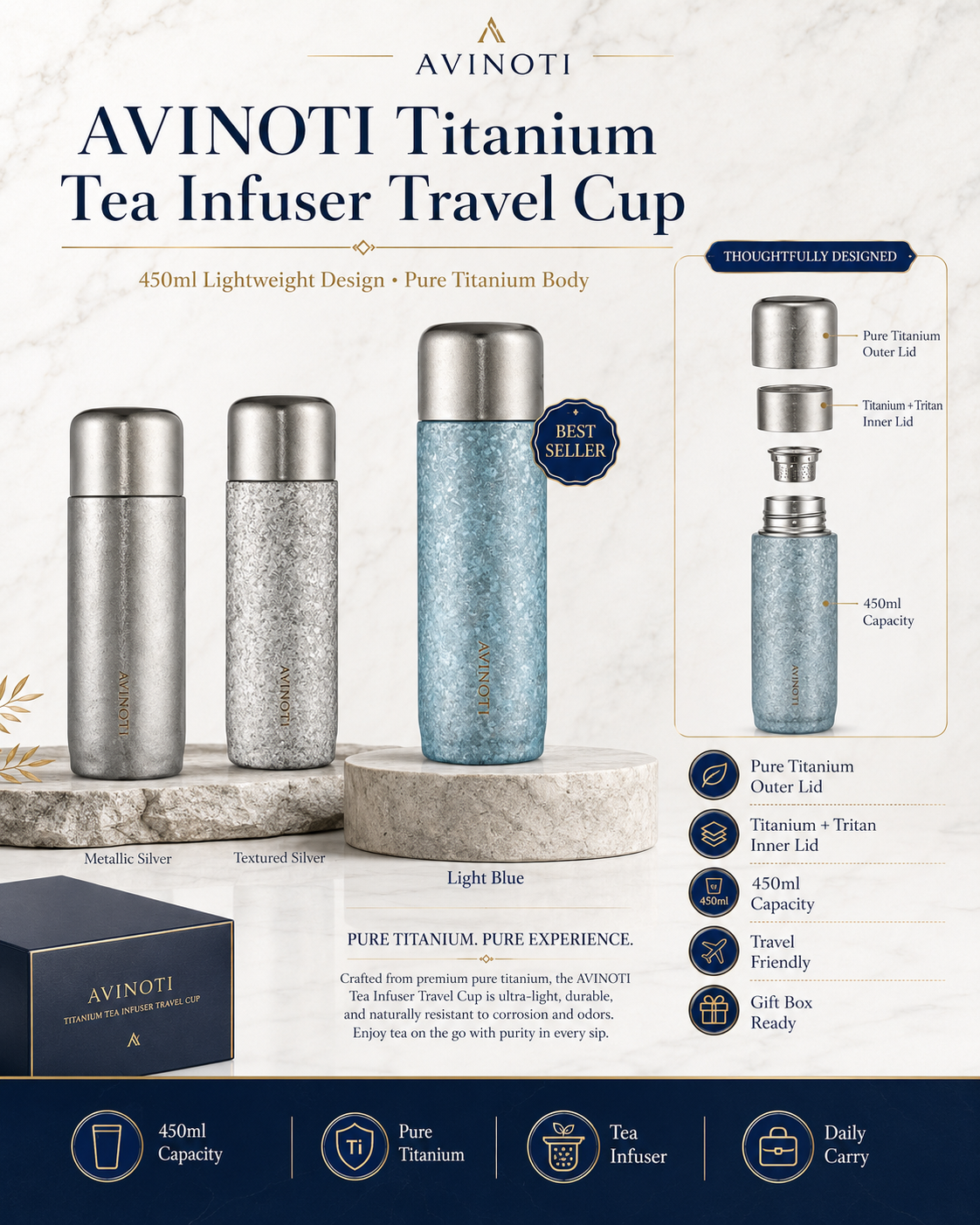 AVINOTI 450ml Titanium Tea Infuser Travel Cup – Pure Titanium Steeping Bottle