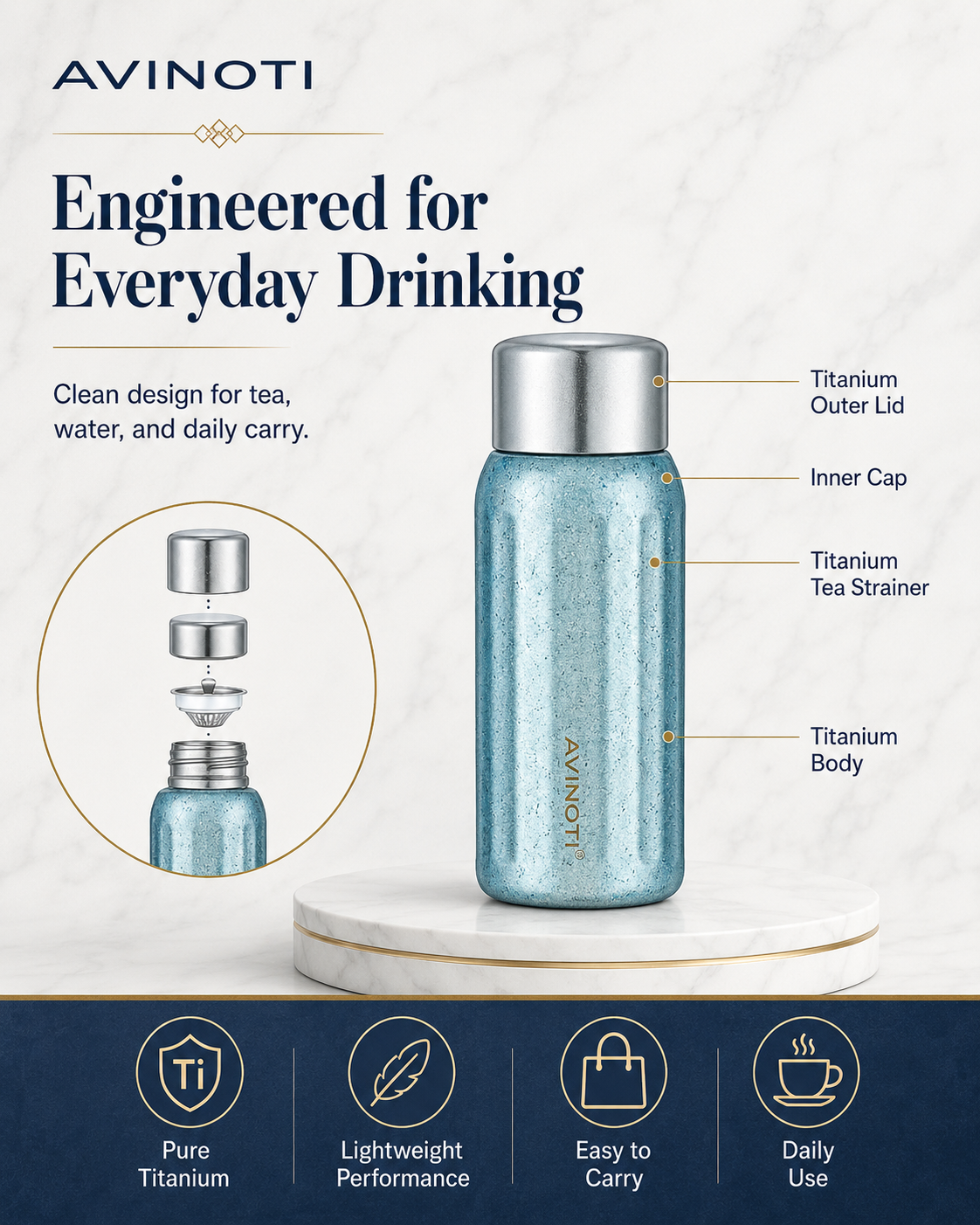 AVINOTI 430ml Titanium Insulated Travel Cup – Lightweight Pure Titanium Tumbler