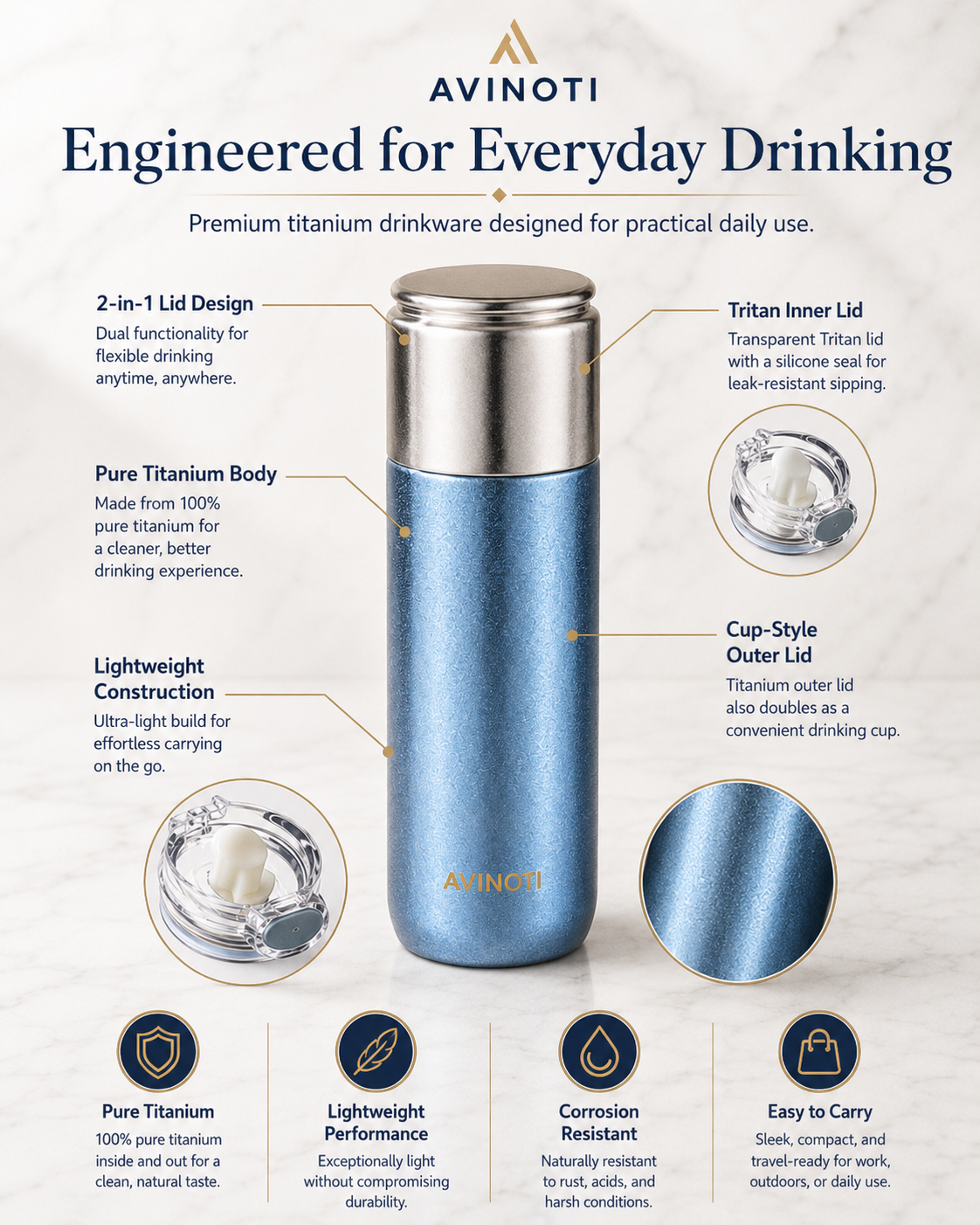 AVINOTI 390ml Titanium Travel Cup – Lightweight Pure Titanium Drinkware