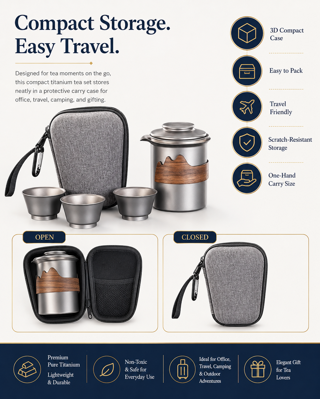 AVINOTI Portable Pure Titanium Tea Set – Titanium Teapot & Tea Cups with Carry Case